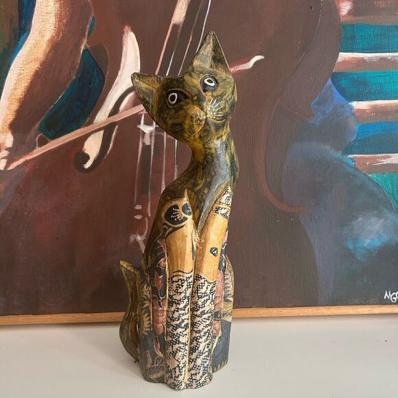 Whimsical Hand Painted Carved Batik Cat Indonesia Art Wooden Kitty Cat 12" - Picture 1 of 16